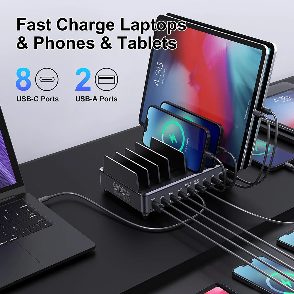 600W Multi USB Fast Charger 10-Port Gan PD 3.1 Charging Station Stand for Macbook Iphone 16 15 Ipad Samsung Tablet Laptop