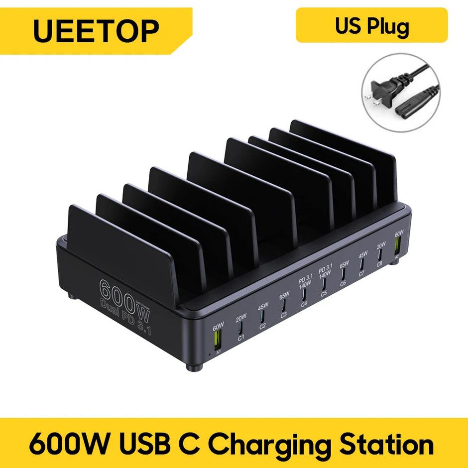 600W Multi USB Fast Charger 10-Port Gan PD 3.1 Charging Station Stand for Macbook Iphone 16 15 Ipad Samsung Tablet Laptop