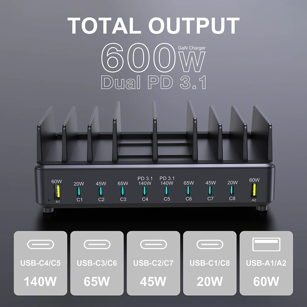 600W Multi USB Fast Charger 10-Port Gan PD 3.1 Charging Station Stand for Macbook Iphone 16 15 Ipad Samsung Tablet Laptop