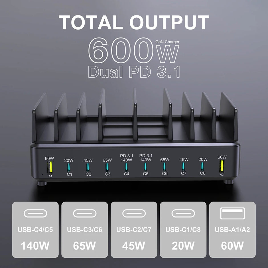 600W Multi USB Fast Charger 10-Port Gan PD 3.1 Charging Station Stand for Macbook Iphone 16 15 Ipad Samsung Tablet Laptop