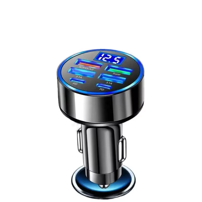 USB C Car Charger Adapter with Voltage Display 6 in 1 Super Fast in Car for Iphone 16 15 Pro Max Samsung Android Phone