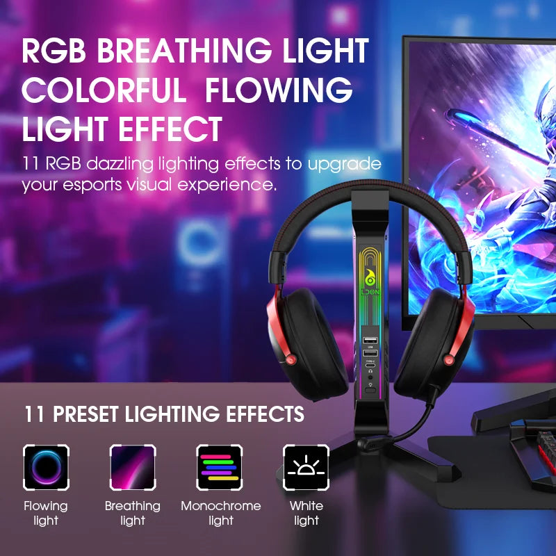 RGB Gaming Headset Stand with Sound-Activated Lights, 11 Modes LED USB Charging Dock, Headphone Holder for PC Gamer