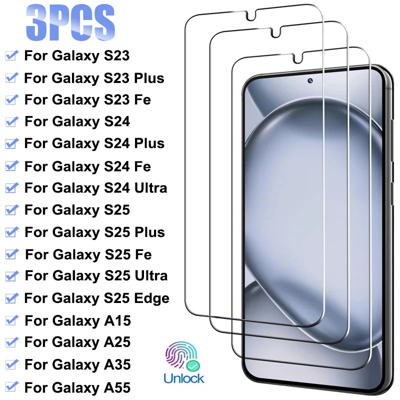 3Pcs Tempered Glass for Samsung Galaxy S23 S24 S25 plus Fe A05S A15 A25 A35 A55 Screen Protector for Samsung S25 Edge S24 Ultra