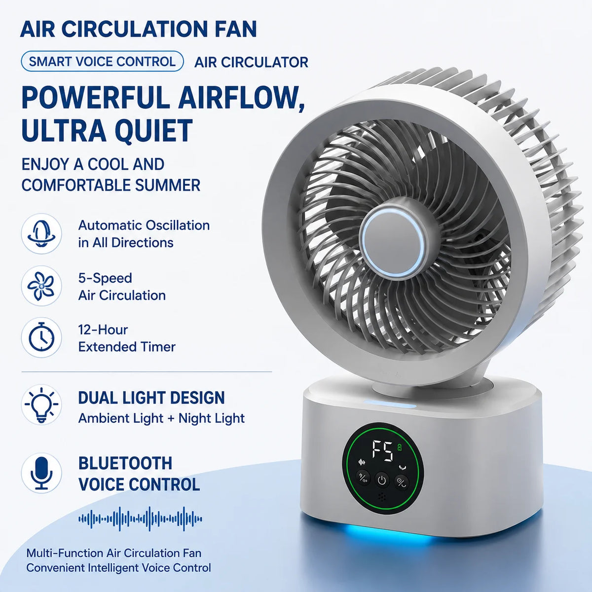 Portable Wall-Hanging Fan with Remote Control Smart Voice Rechargeable USB Household Electric Folding Fan Nightlight Air Cooler