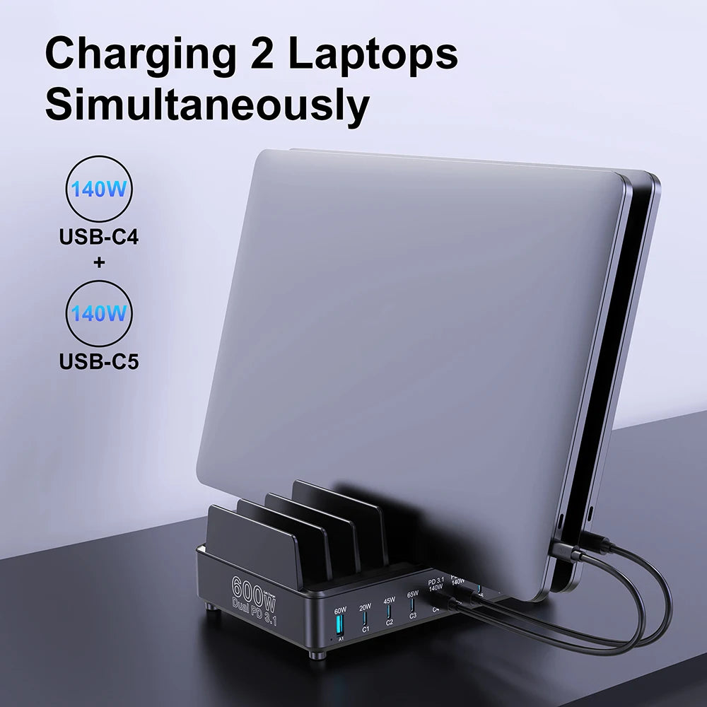 600W Multi USB Fast Charger 10-Port Gan PD 3.1 Charging Station Stand for Macbook Iphone 16 15 Ipad Samsung Tablet Laptop