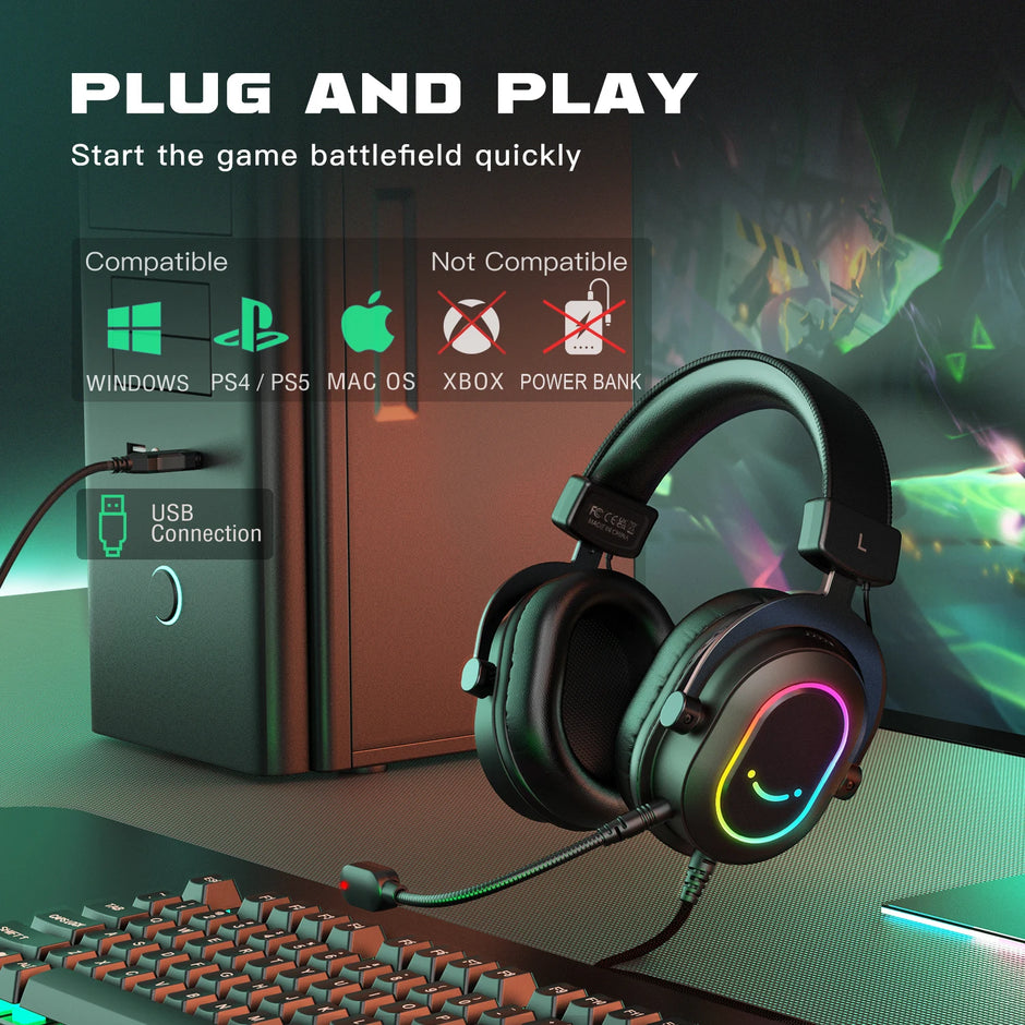 Dynamic RGB Gaming Headset with Mic Over-Ear Headphones 7.1 Surround Sound PC PS4 PS5 3 EQ Options Game Movie Music