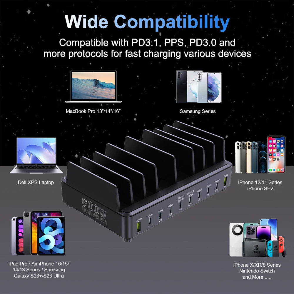 600W Multi USB Fast Charger 10-Port Gan PD 3.1 Charging Station Stand for Macbook Iphone 16 15 Ipad Samsung Tablet Laptop