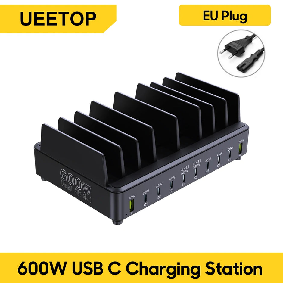600W Multi USB Fast Charger 10-Port Gan PD 3.1 Charging Station Stand for Macbook Iphone 16 15 Ipad Samsung Tablet Laptop