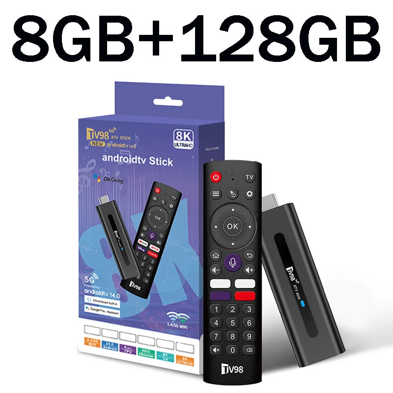 TV98 ATV Stick 8K 4K HD Support Video BT5.0 Dual Wifi6 4G 5G Voice Remote Allwinner H313 Quad Core Smart TV Stick 8GB 128GB For