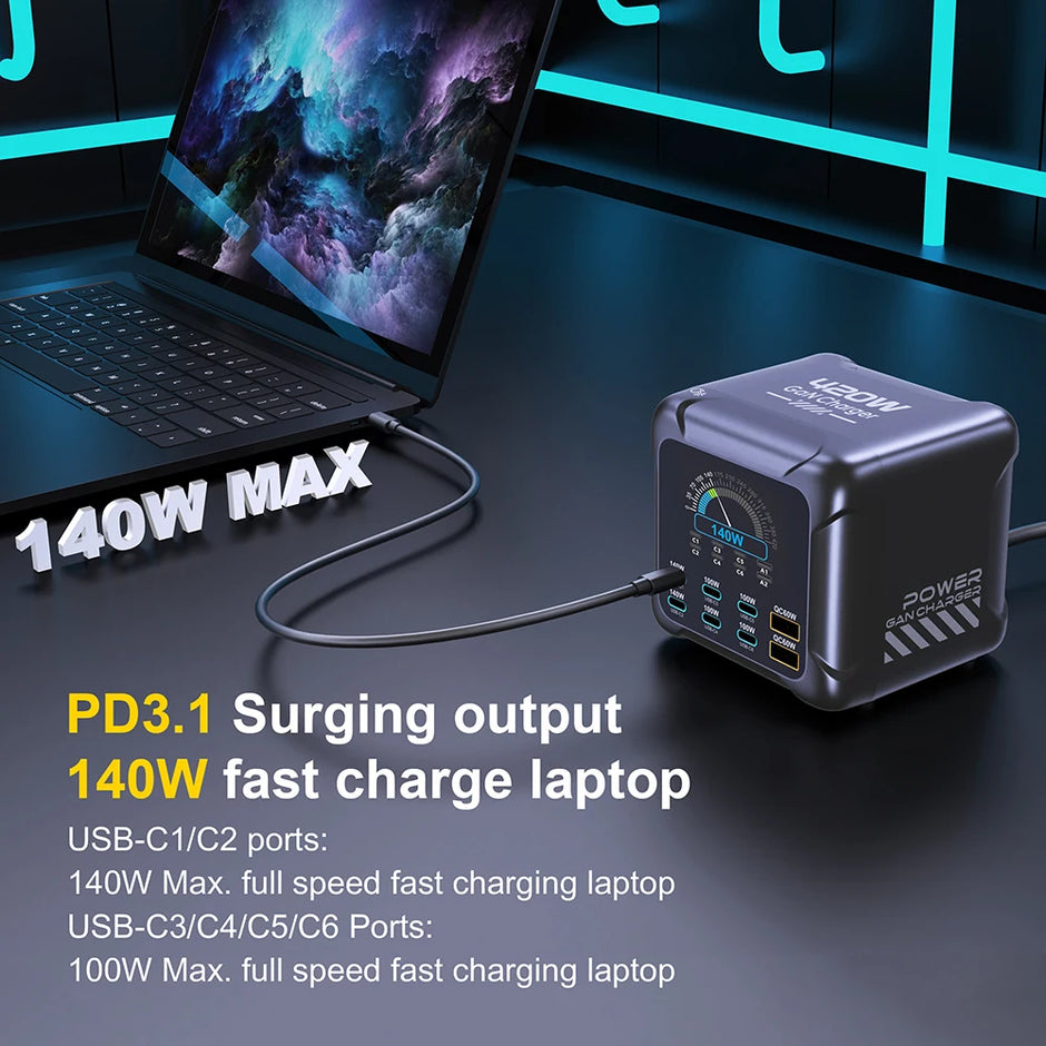 420W Gan Charger PPS PD3.1 140W USB Type C Charger Digital Display Fast Charging Station for Macbook Iphone 17 Samsung