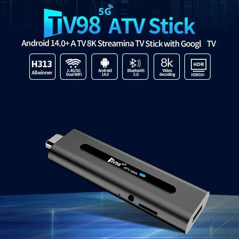 TV98 ATV Stick 8K 4K HD Support Video BT5.0 Dual Wifi6 4G 5G Voice Remote Allwinner H313 Quad Core Smart TV Stick 8GB 128GB For