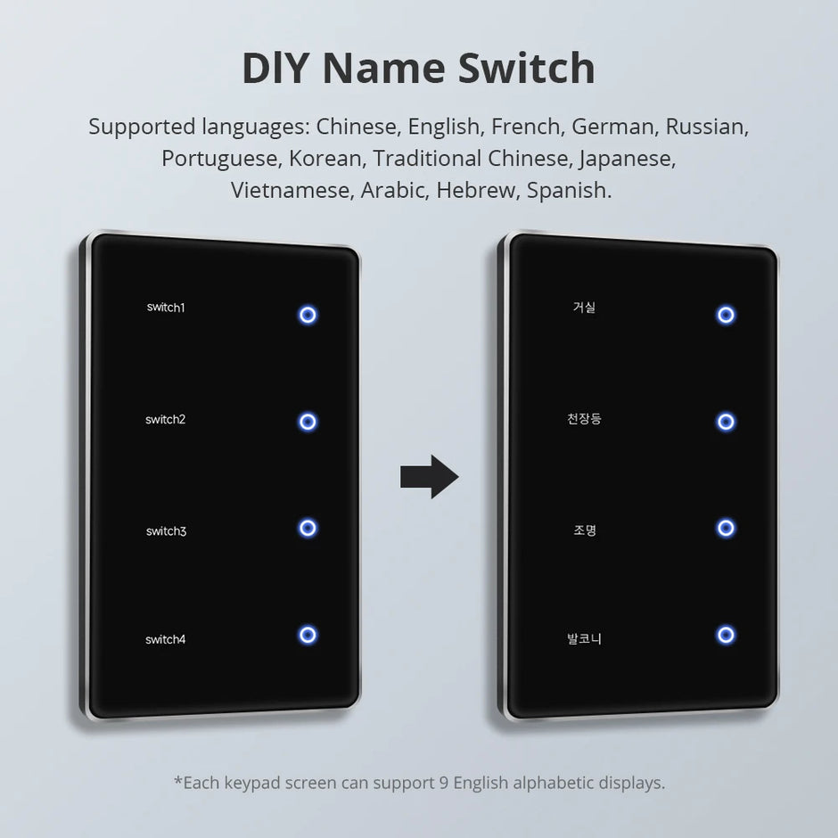 Zigbee Smart DIY Name Switch Black Panel Touch Light Switches US Type Neutral Required Works with Tuya Smart Life App