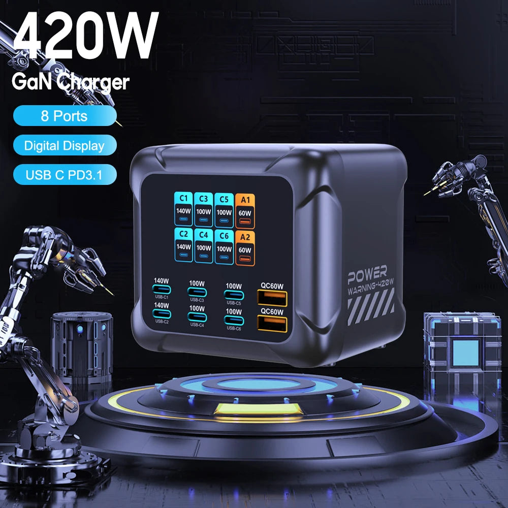 420W Gan Charger PPS PD3.1 140W USB Type C Charger Digital Display Fast Charging Station for Macbook Iphone 17 Samsung