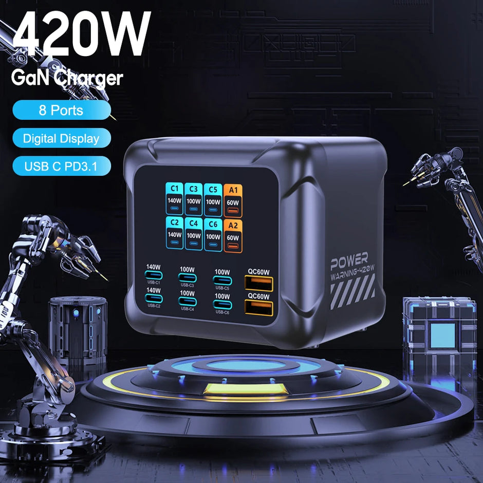 420W Gan Charger PPS PD3.1 140W USB Type C Charger Digital Display Fast Charging Station for Macbook Iphone 17 Samsung