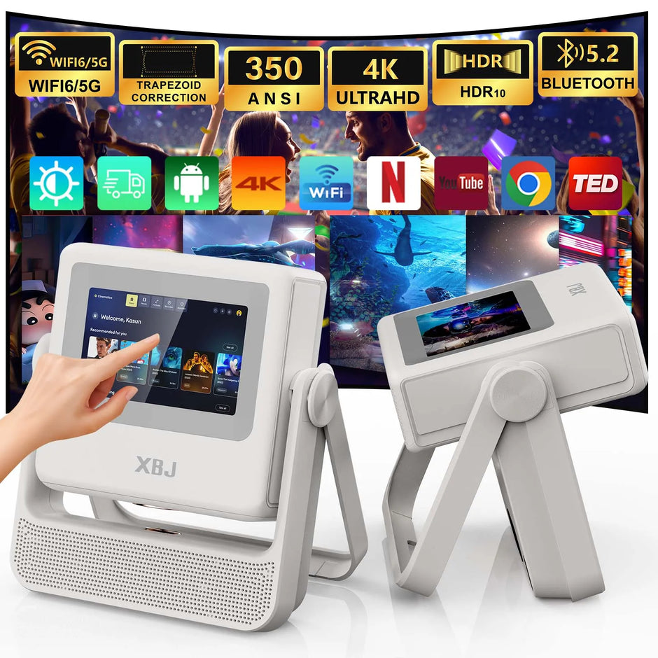 Smart Touch Screen Portable Projector Support 4K Wifi 6 Bluetooth Auto Focus Compatible with Phone/ Tvstick/Pc/Indooroutdoor