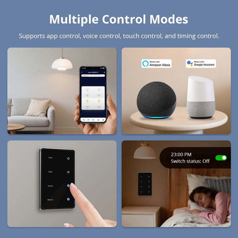 Zigbee Smart DIY Name Switch Black Panel Touch Light Switches US Type Neutral Required Works with Tuya Smart Life App