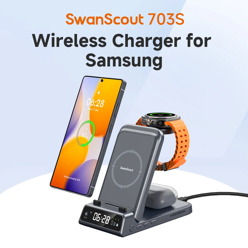 Swanscout 703S Charging Station for  S25 S24 Ultra S23 Z Flip 7 Z Fold 7 Wireless Charger for Galaxy Watch 8 7 for Buds 3