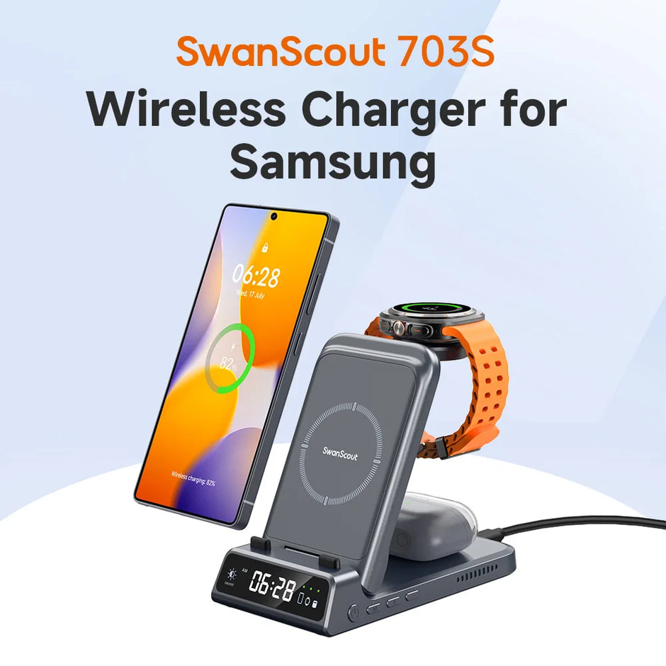 Swanscout 703S Charging Station for  S25 S24 Ultra S23 Z Flip 7 Z Fold 7 Wireless Charger for Galaxy Watch 8 7 for Buds 3