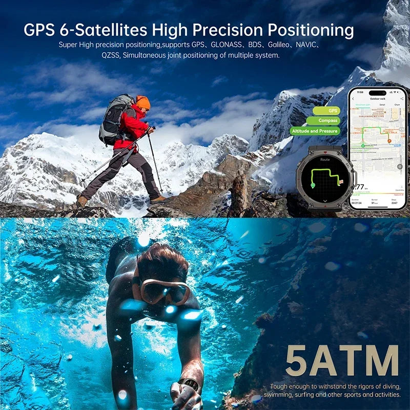 2026 Military BUILT-IN GPS 10ATM Waterproof Smart Watch Built-In 6 Frequency Satellite Outdoors Sports Fitness AMOLED Watch Men