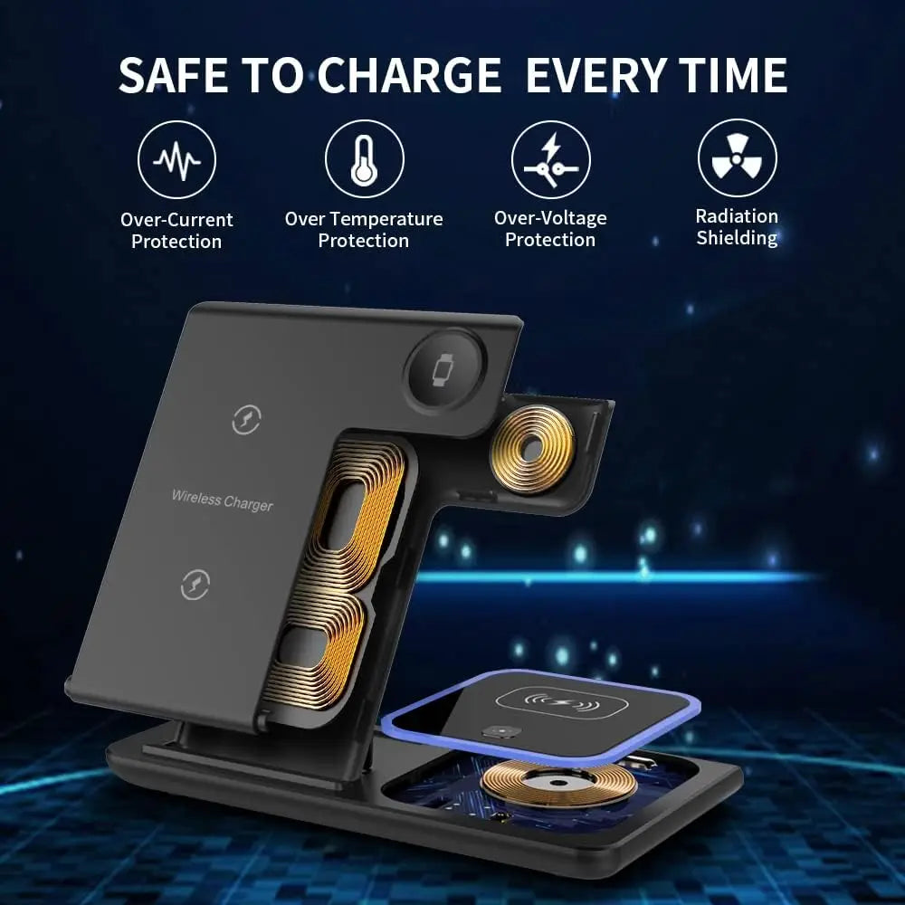 30W 3 in 1 LED Fast Wireless Charger Stand Foldable Charging Station for Iphone 17- 12 Apple Watch 9 8 7 6 5 Airpods Pro
