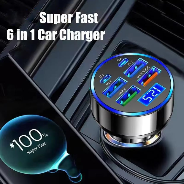 USB C Car Charger Adapter with Voltage Display 6 in 1 Super Fast in Car for Iphone 16 15 Pro Max Samsung Android Phone