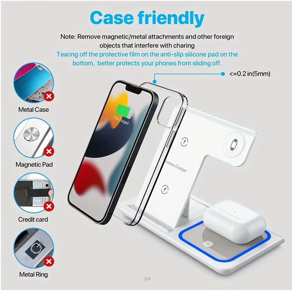 30W 3 in 1 LED Fast Wireless Charger Stand Foldable Charging Station for Iphone 17- 12 Apple Watch 9 8 7 6 5 Airpods Pro