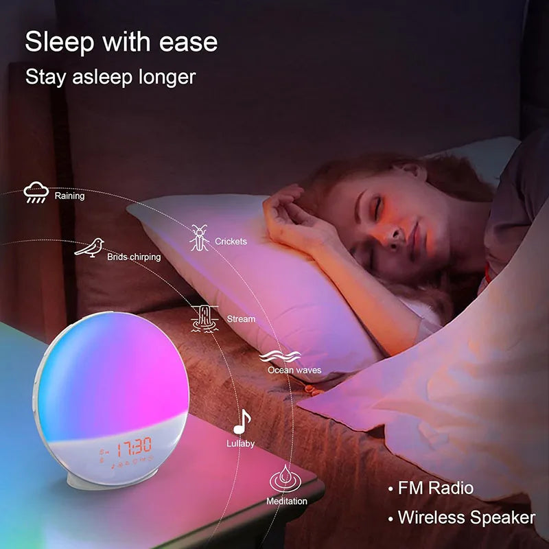Smart Wake up Light Alarm Clock Digital Desk Clock with Natural Sounds BT Speaker APP Control FM Radio Nightlight