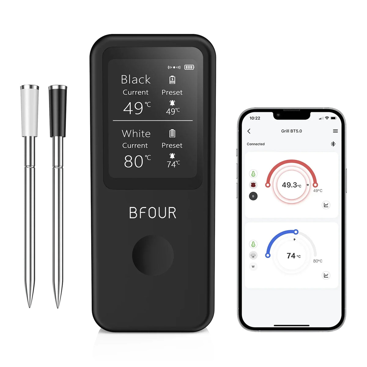 Wireless Meat Thermometer Digital Bluetooth Probes with HD Display & APP Remote Monitoring for Rotisserie Grill BBQ Smoker Steak