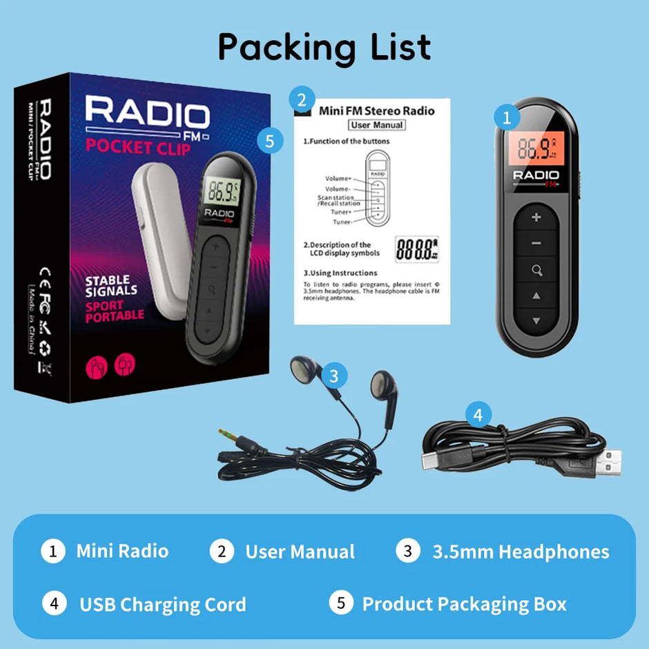 Rechargeable Mini Portable FM Radio with Clip