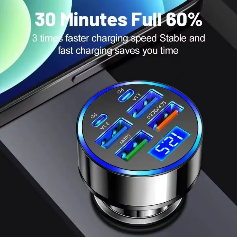 USB C Car Charger Adapter with Voltage Display 6 in 1 Super Fast in Car for Iphone 16 15 Pro Max Samsung Android Phone