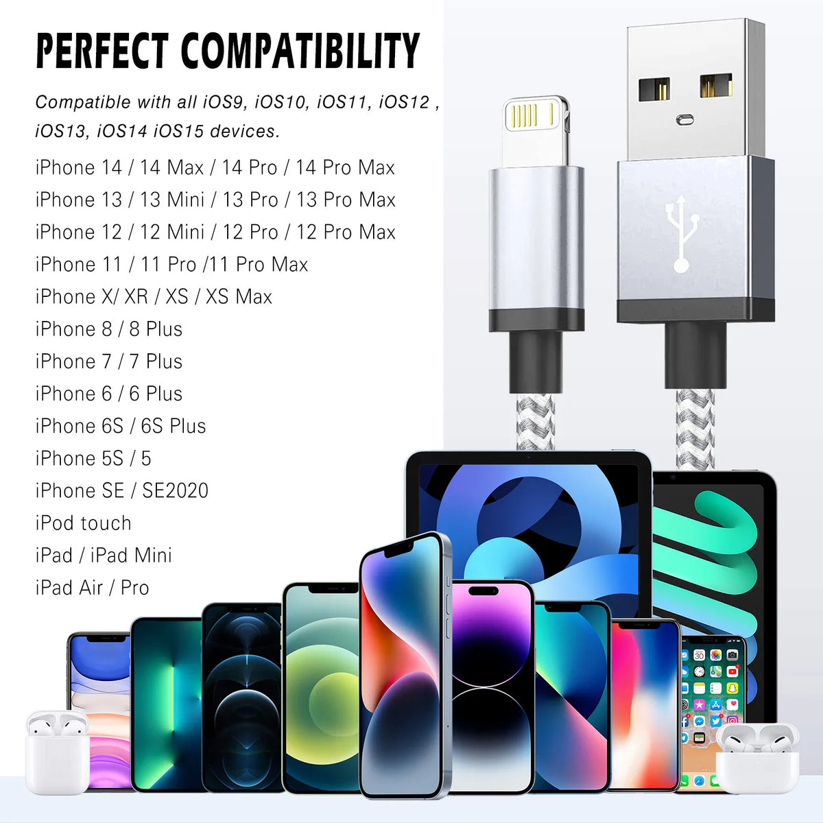 Fast Charging USB Charger Cable for Iphone 14 13 12 11 Xs Max Xr X 8 7 6 plus Ipad Origin Mobile Phone Long Data Cord 1M 2M 3M