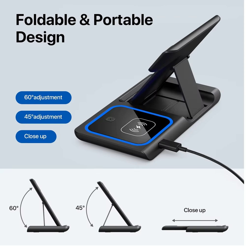 30W 3 in 1 LED Fast Wireless Charger Stand Foldable Charging Station for Iphone 17- 12 Apple Watch 9 8 7 6 5 Airpods Pro