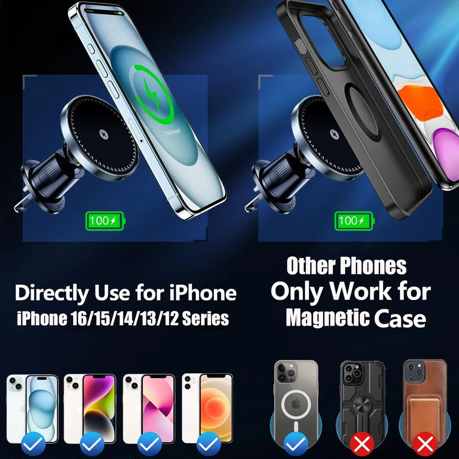 UYUXIO Strong Magnetic Wireless Car Phone Charger Adapter 15W Air Vent Car Phone Holder for Iphone 16 15 14 13 Pro Max plus 12