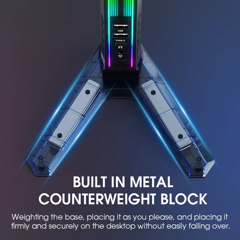RGB Gaming Headset Stand with Sound-Activated Lights, 11 Modes LED USB Charging Dock, Headphone Holder for PC Gamer