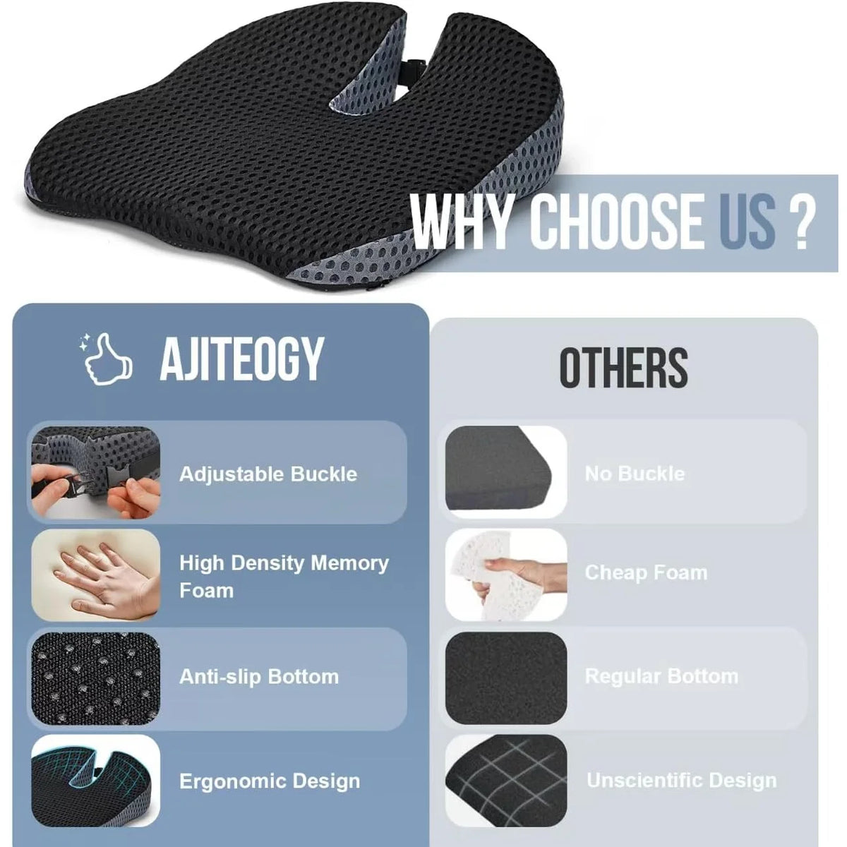Memory Foam Car Wedge Seat Cushion for Driving, Height Booster & Posture Support, 4D Mesh Seat Pad with Adjustable Straps
