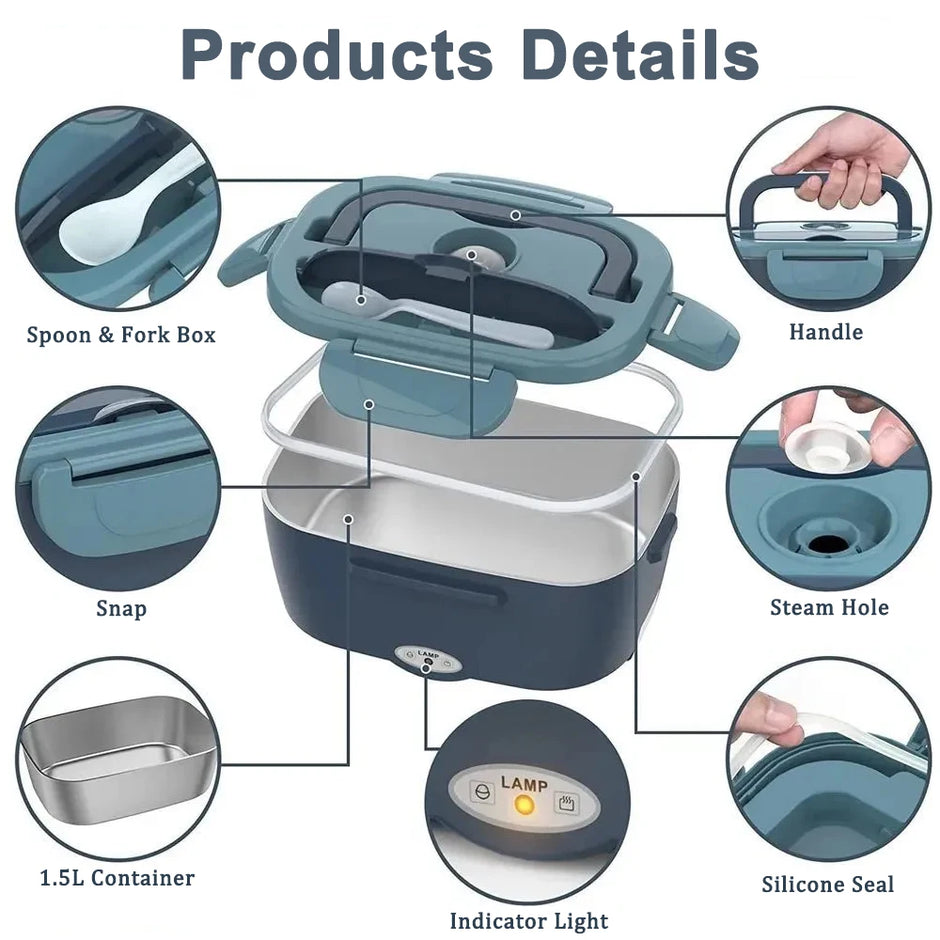 Electric Heated Insulated Lunch Box with Removable Stainless Steel Container, Portable Food Warmer for Car Office School