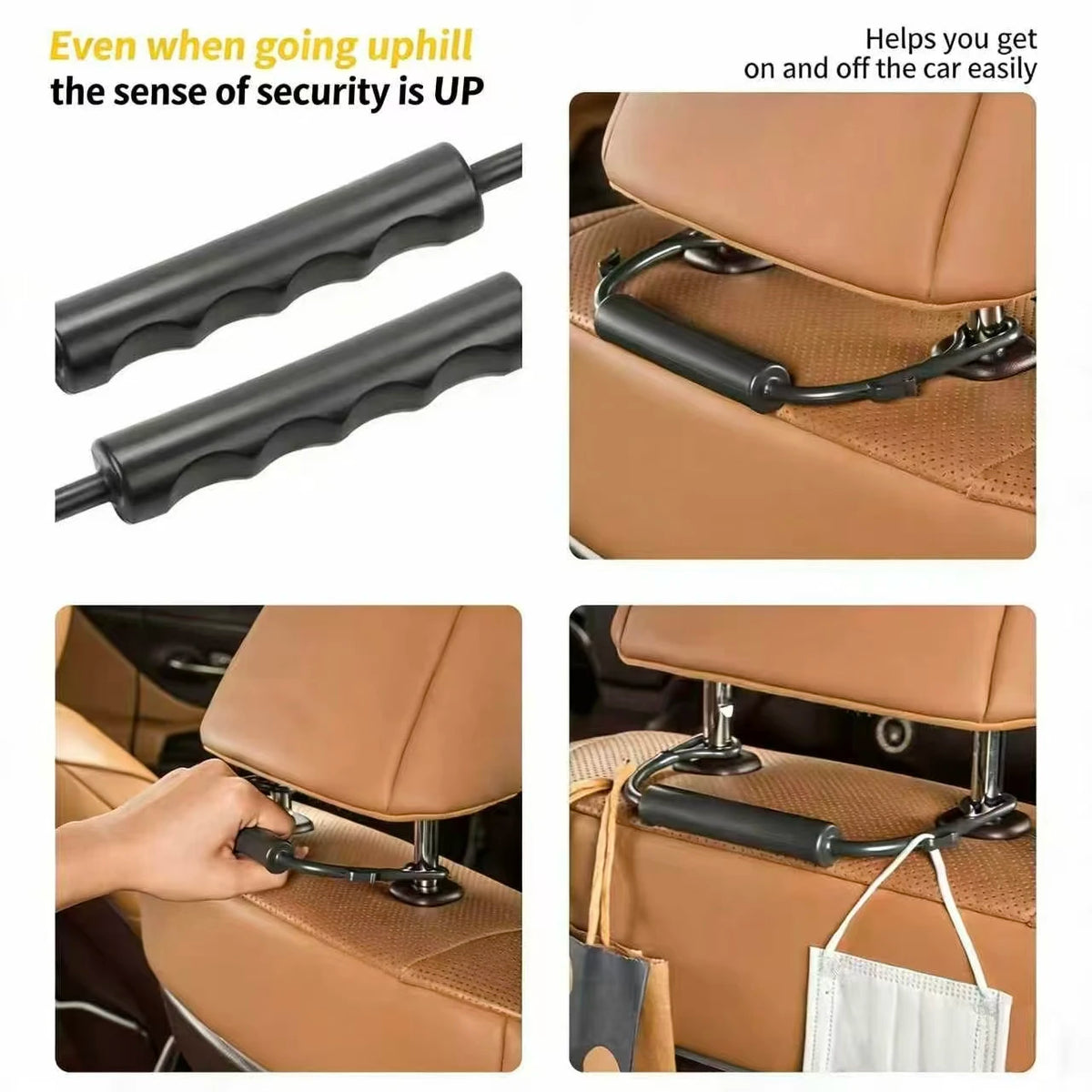 1/2Pcs Car Safety Handle, Universal Rear Seat Headrest Grab Bar with Storage Hooks, Durable Vehicle Assist Grip for Elderly