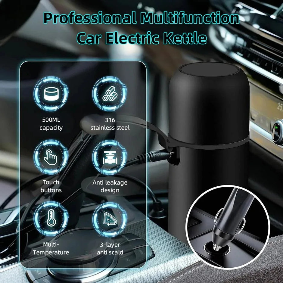 12V 24V Car Electric Kettle 500ML Portable Travel Heating Cup with Digital Temperature Control for Cars Trucks Suvs and Camping