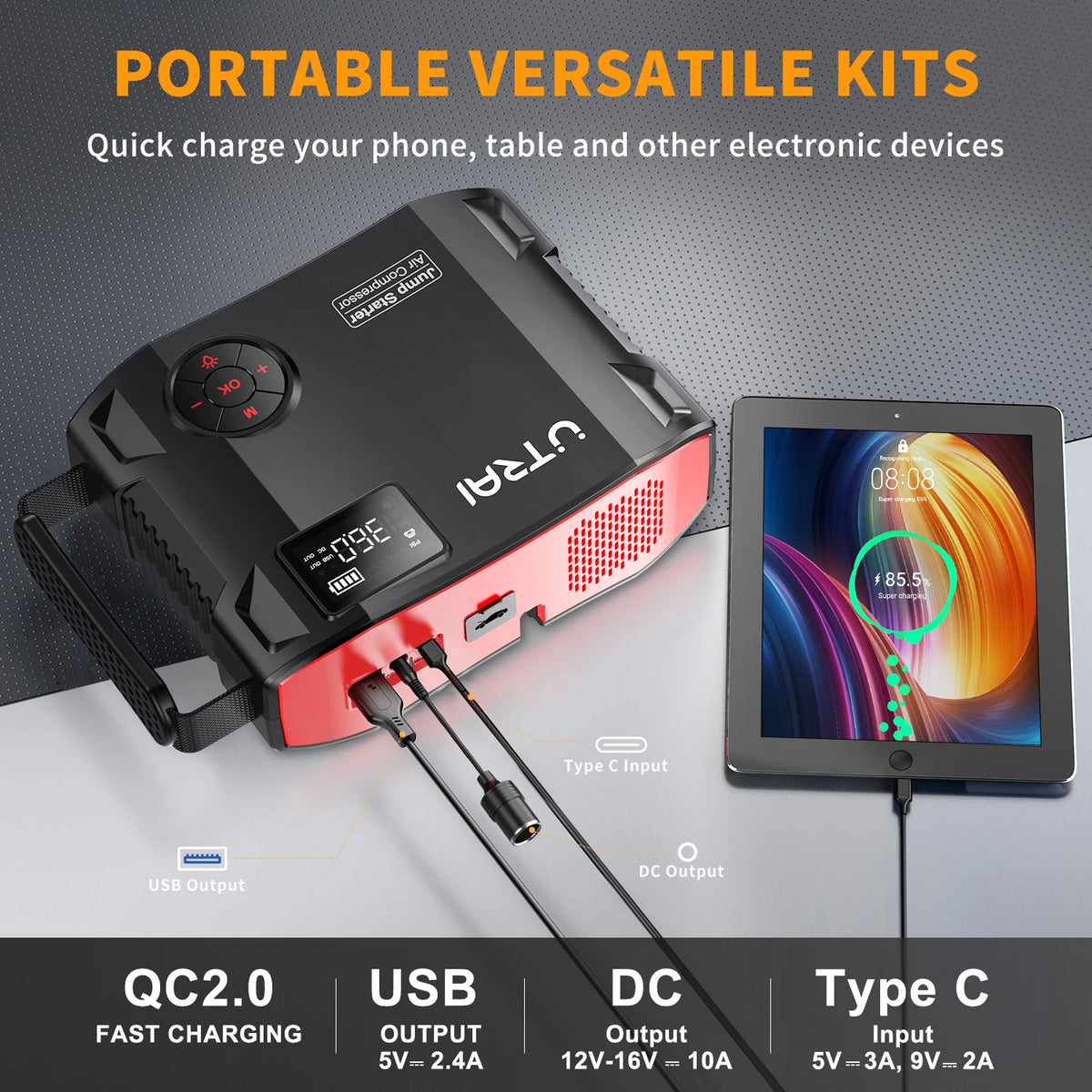 4 in 1 2000A Jump Starter Power Bank 16000Mah 150PSI Air Compressor Tire Pump Portable Charger Car Booster Starting Device