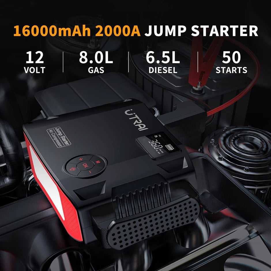 4 in 1 2000A Jump Starter Power Bank 16000Mah 150PSI Air Compressor Tire Pump Portable Charger Car Booster Starting Device