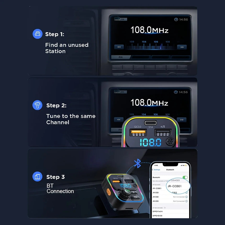 FM Transmitter Bluetooth 5.3 Handsfree Car AUX Radio Modulator MP3 Player with PD20W QC3.0 Fast Charge Adapter Car Accessories