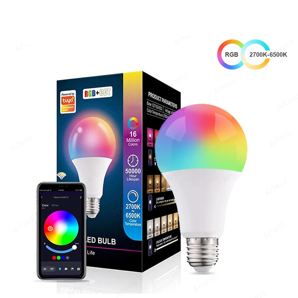 Bluetooth Smart LED Bulb Tuya Light Bulbs AC 85-265V Dimmable Spotlight Bulb 15W E27 RGB+CW+WW LED Color Change Lamp for Home