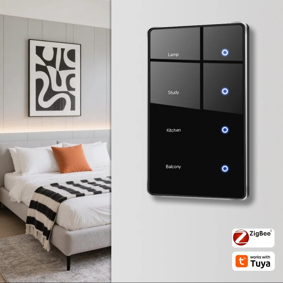 Zigbee Smart DIY Name Switch Black Panel Touch Light Switches US Type Neutral Required Works with Tuya Smart Life App