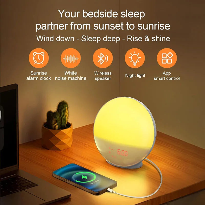 Smart Wake up Light Alarm Clock Digital Desk Clock with Natural Sounds BT Speaker APP Control FM Radio Nightlight