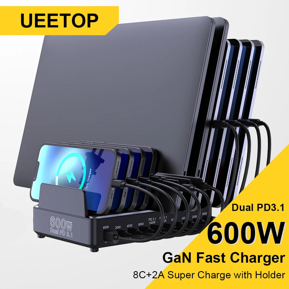 600W Multi USB Fast Charger 10-Port Gan PD 3.1 Charging Station Stand for Macbook Iphone 16 15 Ipad Samsung Tablet Laptop
