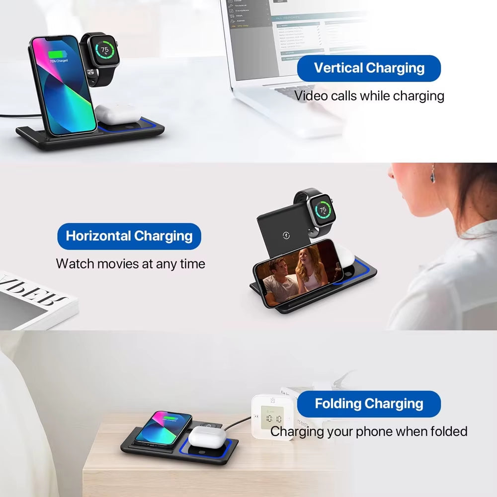 30W 3 in 1 LED Fast Wireless Charger Stand Foldable Charging Station for Iphone 17- 12 Apple Watch 9 8 7 6 5 Airpods Pro
