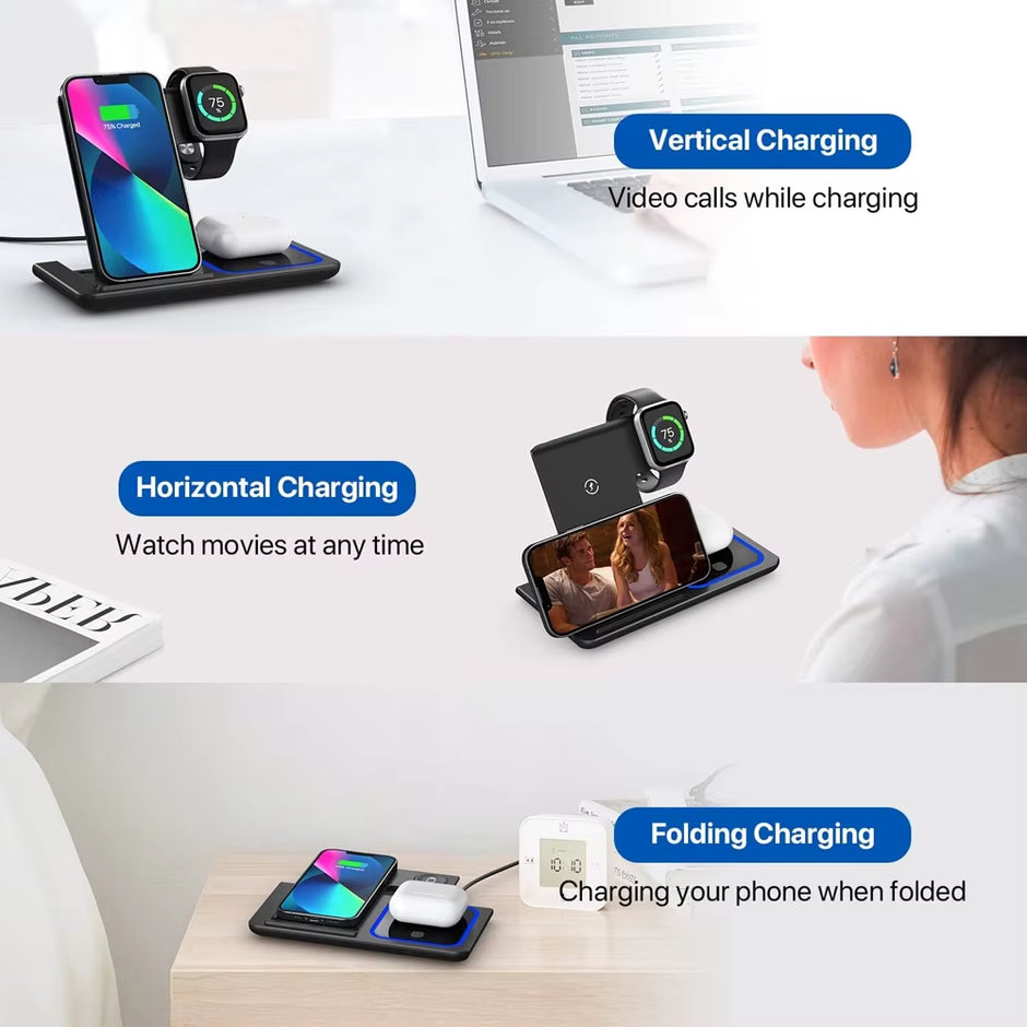 30W 3 in 1 LED Fast Wireless Charger Stand Foldable Charging Station for Iphone 17- 12 Apple Watch 9 8 7 6 5 Airpods Pro