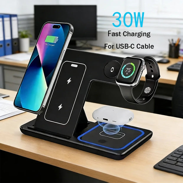 30W 3 in 1 LED Fast Wireless Charger Stand Foldable Charging Station for Iphone 17- 12 Apple Watch 9 8 7 6 5 Airpods Pro