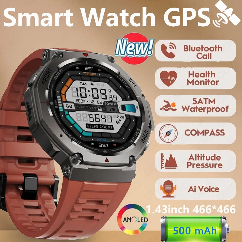2026 Military BUILT-IN GPS 10ATM Waterproof Smart Watch Built-In 6 Frequency Satellite Outdoors Sports Fitness AMOLED Watch Men