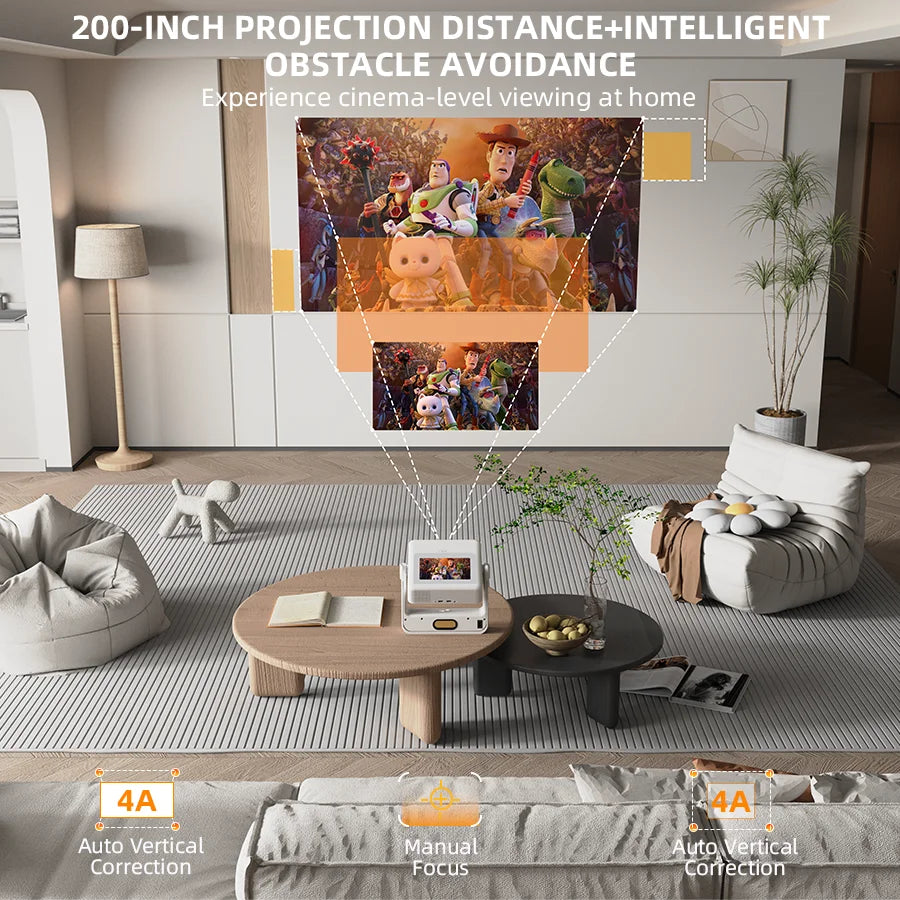 Smart Touch Screen Portable Projector Support 4K Wifi 6 Bluetooth Auto Focus Compatible with Phone/ Tvstick/Pc/Indooroutdoor